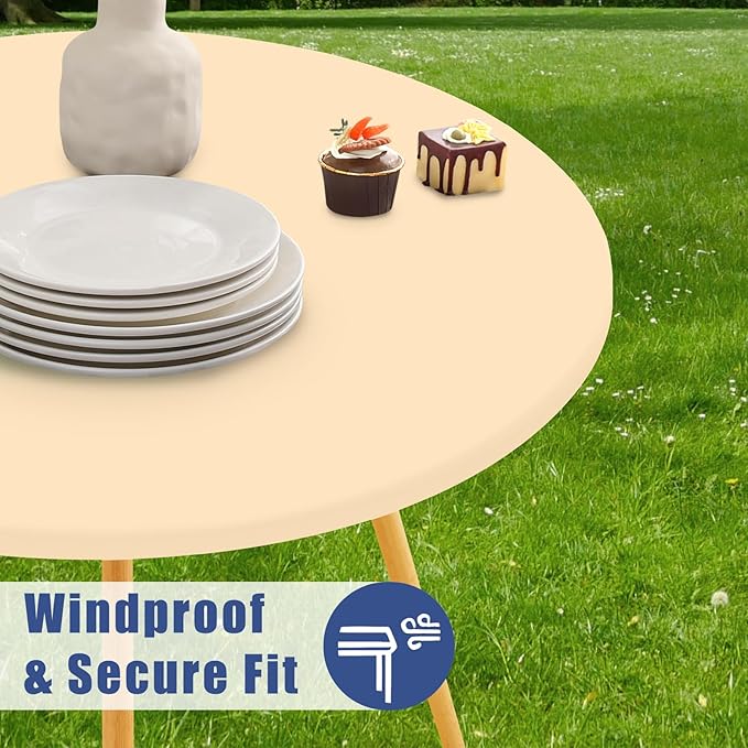 Round Spandex Tablecloth, Elastic Fitted Waterproof Tablecloths for 45"-56" Tables, Stretch Washable Picnic Table Cover for Camping, Dining, Indoor and Outdoor,Ivory