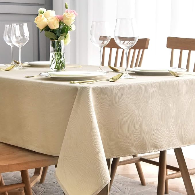 maxmill Jacquard Table Cloth Swirl Design Water Proof Wrinkle Free Heavy Weight Soft Tablecloth Decorative Fabric Table Cover for Outdoor and Indoor Use Rectangular 60 x 104 Inch Beige