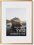 HAUS AND HUES 9x12 Picture Frame with Real Glass & Brass Premium-Grade Metal Matted to 6x8 - Aluminum 9x12 Picture Frame - Includes Hanging Kit - Ideal for Home, Office (9x12 in, Brass)