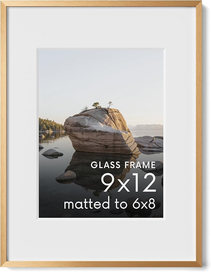 HAUS AND HUES 9x12 Picture Frame with Real Glass & Brass Premium-Grade Metal Matted to 6x8 - Aluminum 9x12 Picture Frame - Includes Hanging Kit - Ideal for Home, Office (9x12 in, Brass)