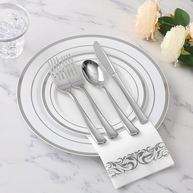 Goodluck 700 Piece Silver Dinnerware Set for 100 Guests, Disposable Plastic Plates for Party, Include: 100 Dinner Plates, 100 Dessert Plates, 100 Paper Napkins, 100 Cups, 100 Silverware set