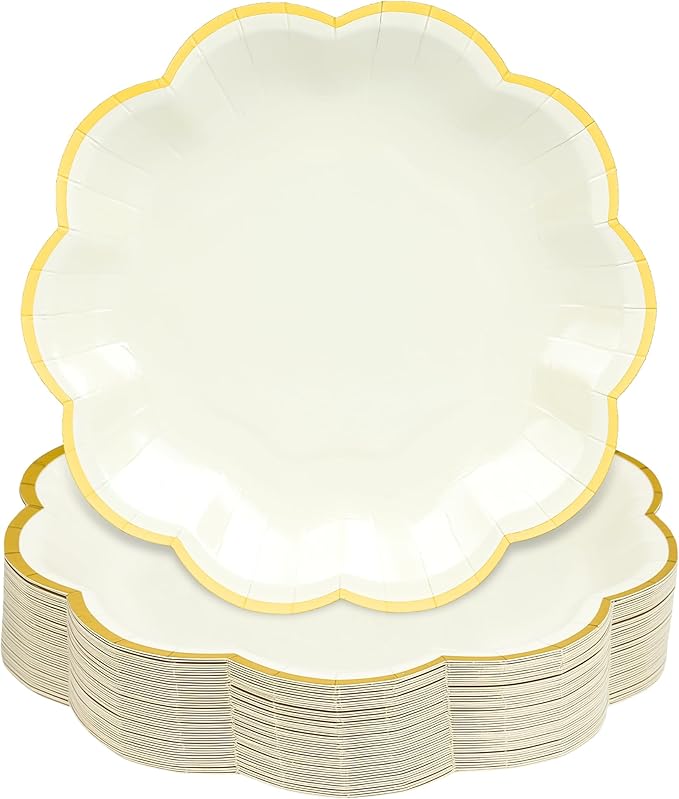 Beige Party Plates Cream Dessert Paper Plates 7inch Gold Foil Scalloped Edge Disposable Cake Plates for Tea Party Birthday Bridal Baby Shower Wedding Party Supplies (48, Beige)