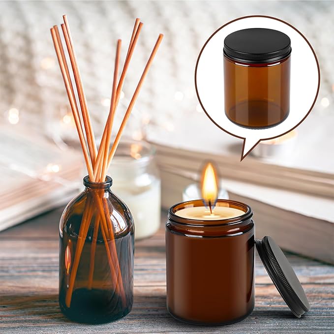 Goiio 18 Pack Amber Glass Jars, 8 Oz Thick Amber Round Glass Jars, with Black Metal Lids, for Spice, Liquid, Sample, Leakproof and Dishwasher Safe