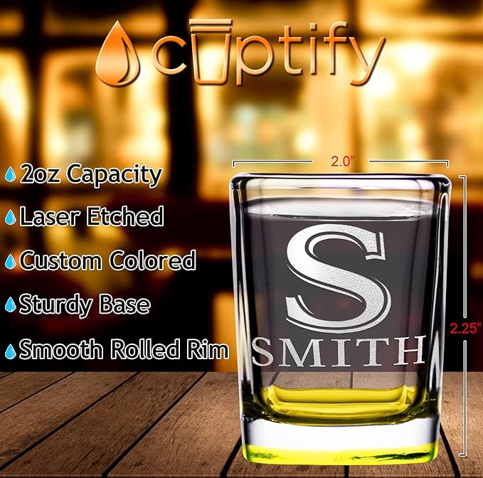Personalized Square Shot Glasses Set of 10 Yellow Bottom 2oz Engraved Initial and Name Custom Gifts, Weddings, Birthdays, Party, Event, Decorations