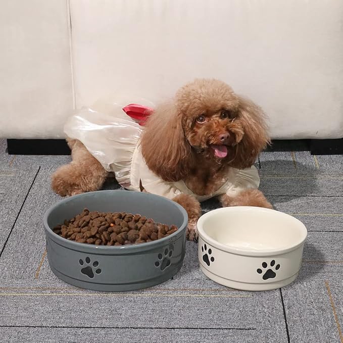 Sweejar Ceramic Dog Bowls with Paw Pattern, Dog Food Dish for Large Dogs, Porcelain Pet Bowl for Water 70 Fl Oz (Beige)