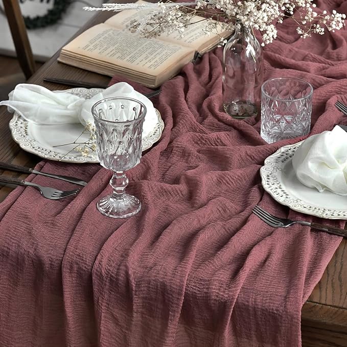 Artoid Mode Boho Cheesecloth Gauze Dusty Rose Wedding Table Runner, 160 Inch Seasonal Fabric Kitchen Dining Holiday Table Decor for Home Party Indoor