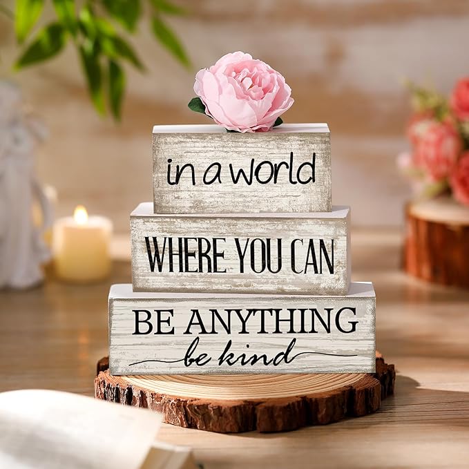 4 Pcs Farmhouse Flower Wooden Tabletop Decor Farmhouse Tiered Tray Decor Rustic Faux Decorative Wood Block Sign Inspired Gift Centerpiece Table sign for Home Shelf Supplies