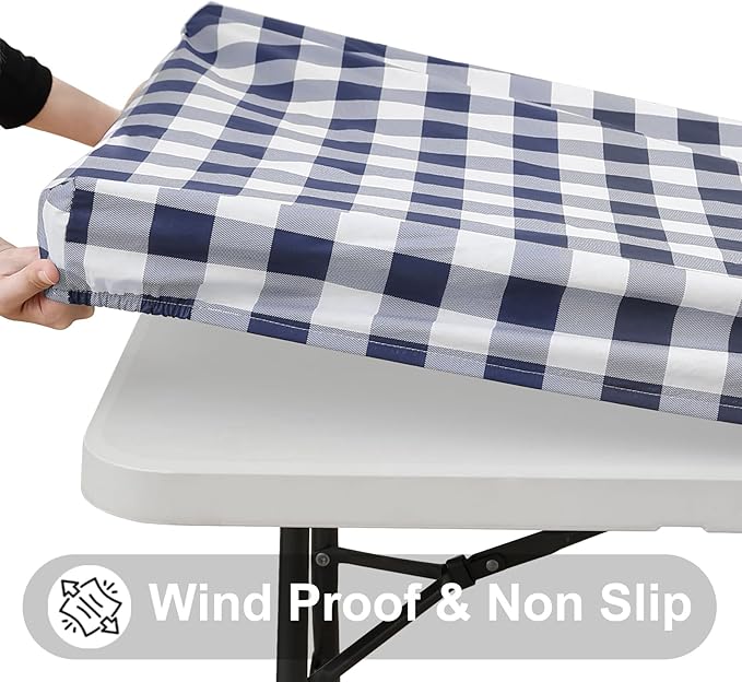 Smiry Rectangle Picnic Table Cloth, Elastic Waterproof Fitted Vinyl Tablecloths, Flannel Backed Buffalo Plaid Table Covers for Dining, Camping, Outdoor (White and Navy, 36" x 48")