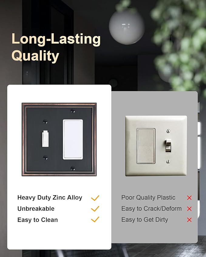 2-Pack Combo Toggle/Decorator Light Switch Cover Plate, Aged Bronze Decorative Electrical Outlet Covers, Durable Solid Zinc Alloy Wall Switch Plates and Outlet Covers