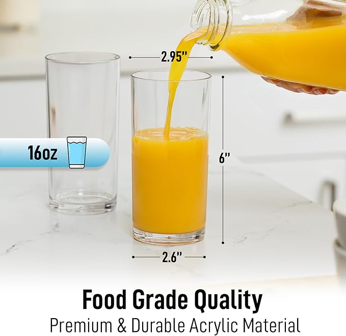 Zulay Kitchen Acrylic Glasses Drinkware - 8 Piece Unbreakable Plastic Tumblers - BPA-Free, Reusable Plastic Drinking Glasses for Home & Outdoors - Stackable, Lead-Free & Dishwasher Safe - (16 Ounces)