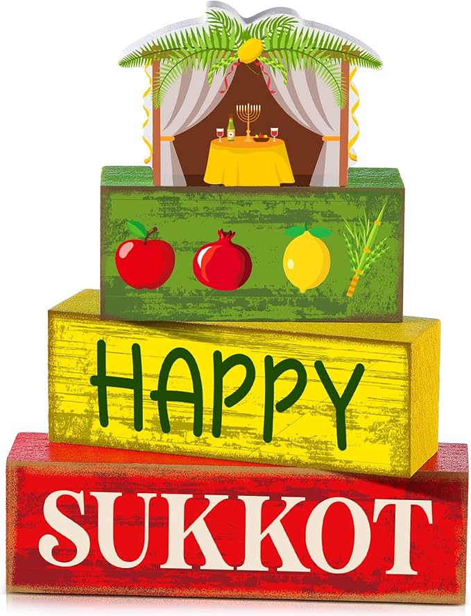 4 Pcs Happy Sukkot Table Decorations Sukkot Centerpieces for Tables Wooden Tabletop Party Decorations Rustic Block Sign for Tiered Tray Shelf Office Jewish Holiday Celebration Supplies