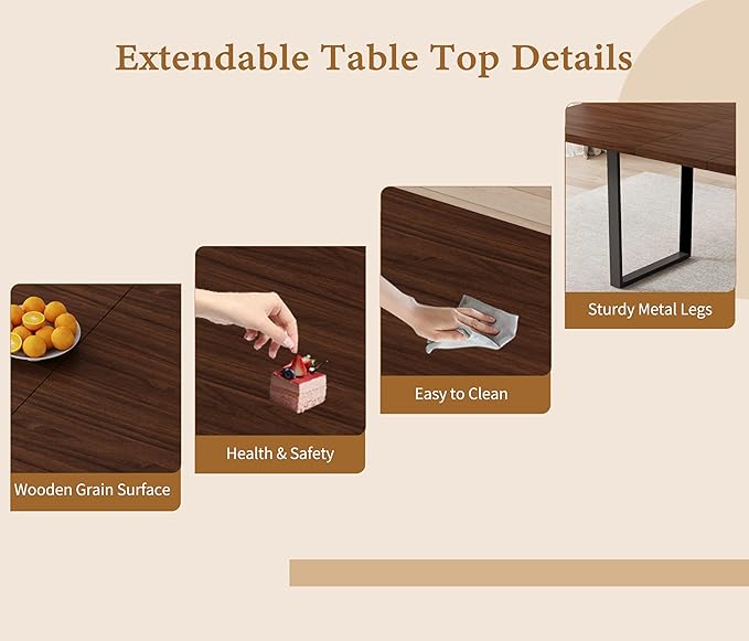 ZckyCine 51"-67" Expandable Dining Table Set, Modern 7-Piece Dining Room Set with 6 Velvet Upholstered Chairs, Walnut Wood Finish, Space-Saving Table for Home, Apartment, or Restaurant