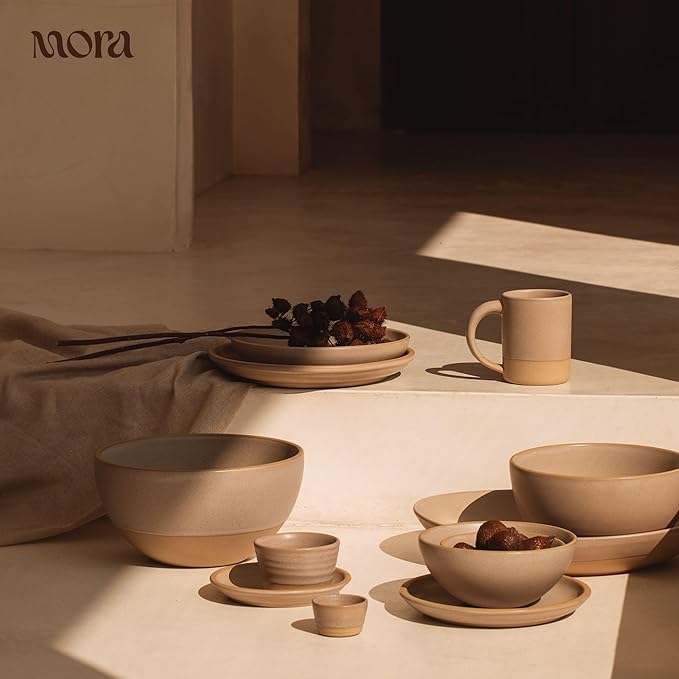 MORA Large Plates Set of 4, 10.5 inch Ceramic Pottery Dinner Plates - Microwave, Oven and Dishwasher Safe - Mushroom