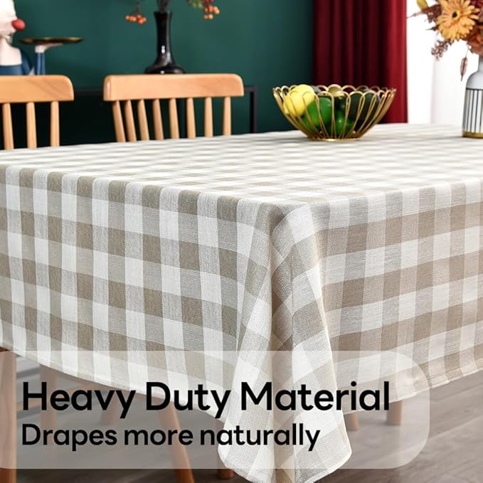 Gingham Tablecloth Rectangle Table Cloth Heavy Duty Cotton Checkered Table Cover for Spring Picnic Kitchen Dining(C-Beige, 52x98 inch)