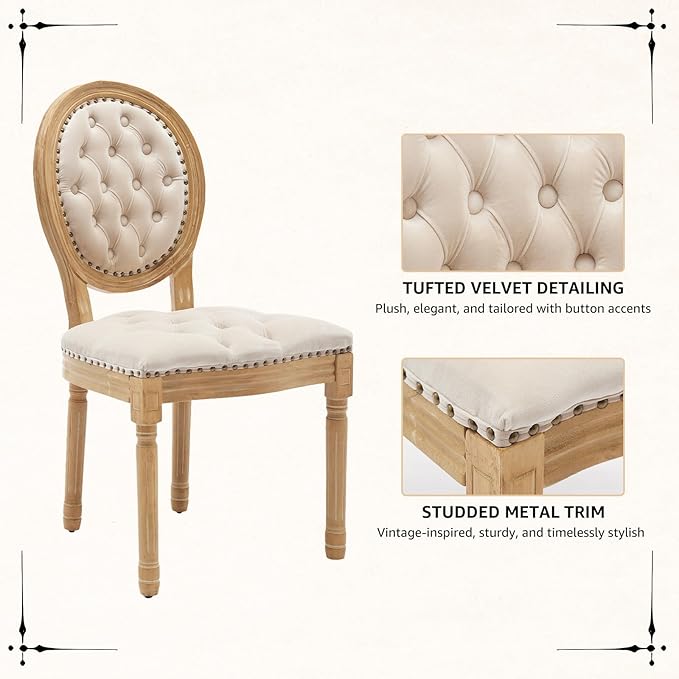 Vintage French Dining Chairs Set of 8, Round Back Velvet Upholstered Accent Chairs with Nailhead Trim and Solid Wood Frame, Elegant Sillas de Comedor for Dining Room & Kitchen, Beige
