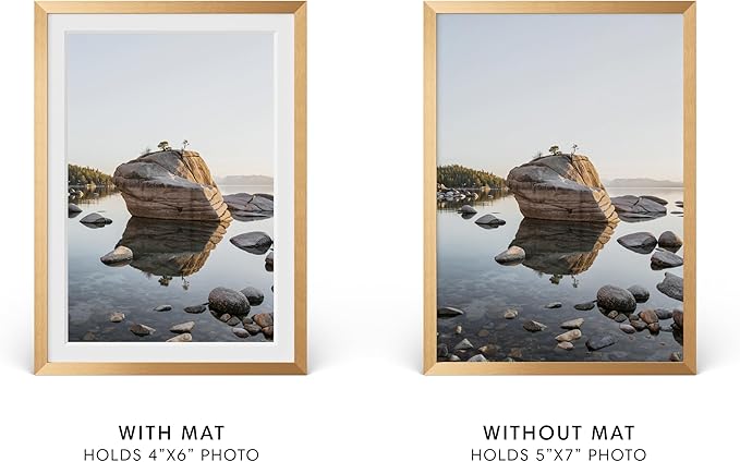 HAUS AND HUES 5x7 Picture Frame with Real Glass & Brass Premium-Grade Metal Matted to 4x6 - Aluminum 5x7 Picture Frame - Includes Easel Back, Hanging Kit - Ideal for Home, Office (5x7 in, Brass)