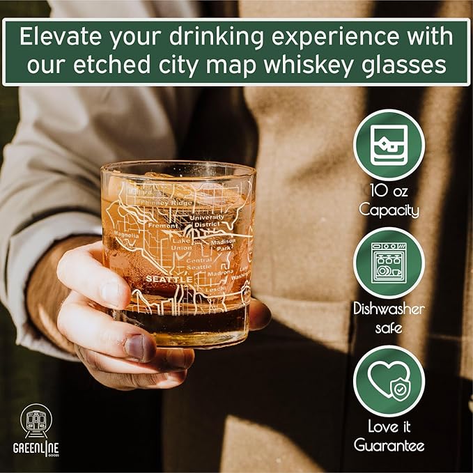 Greenline Goods Whiskey Glasses - 10 Oz Tumbler Set for Seattle lovers, Etched with Seattle Map | Old Fashioned Rocks Glass - Set of 2