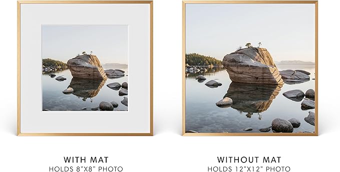 HAUS AND HUES 12x12 Picture Frame with Real Glass & Brass Premium-Grade Metal Matted to 8x8 - Aluminum 12x12 Frame With Mat - Includes Hanging Kit - Ideal for Home, Office (12x12 in, Brass)