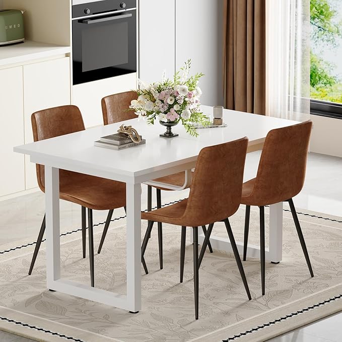 Extendable Dining Table Set for 6, 55"–71" Modern White Kitchen Table with 6 Upholstered Chairs, Space-Saving for Living Room Apartment, Sturdy & Comfortable, Easy Assembly