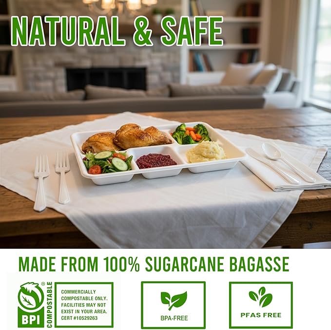 5 Compartment Compostable Heavy Duty Disposable Paper Plates, 150 Count | 10.2" X 8.3" | Natural Bagasse, White Biodegradable Eco-Friendly School Lunch, Buffet, Party Sugarcane Tray