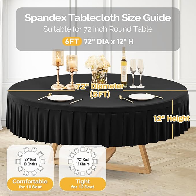 2 Pack Black Spandex Round Tablecloths for 72in Table, Stretchy Fitted 6FT Round Table Cloths, Wrinkle Free Table Cover with Skirt for Wedding Birthday Party Bridal Shower Banquet