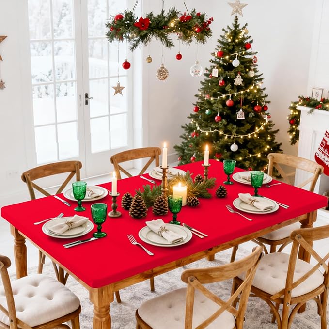 Smiry Rectangle Tablecloth, Elastic Fitted Flannel Backed Vinyl Tablecloths for 4ft Folding Tables, Waterproof Wipeable Table Covers for Indoor, Outdoor, Picnic and Camping (Red, 30"x48")