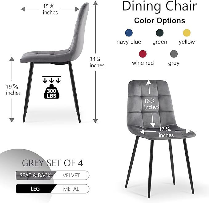 Dining Chair Set of 4,Modern Home Chair Upholstered Velvet Armless Chair,Elegant Velvet Kitchen Chair Plaid Tufted Pattern with Black Metal Legs for Vanity,Dining Room,Grey