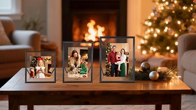 Black Floating Picture Frames - Set of 3, for Photo Size 4×4, 4×6, 5×7, Vertical Tabletop Display, Double Glass Metal Frame for Wedding, Home or Office Desk Decoration (Black)