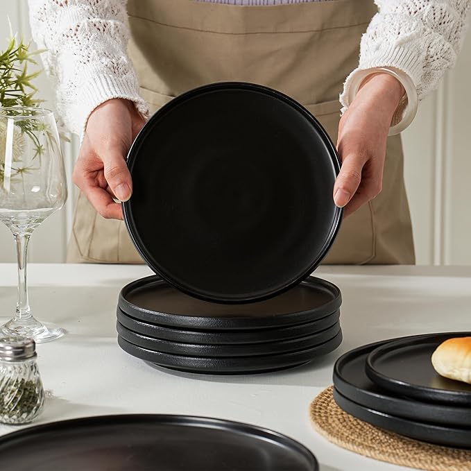 Stoneware Salad Plates Set of 4, 8 Inch Plates for Dessert, Ceramic Plates Sets, Microwave Safe, Dishwasher Safe, Versatile for All Seasons, Matte Black