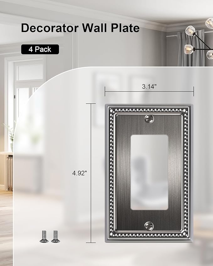 4-Pack Decorator Outlet Cover Plate, Pearls Decorative Switch Plates and Outlet Covers, Antique Silver Metal Wall Plates for Electrical Outlets
