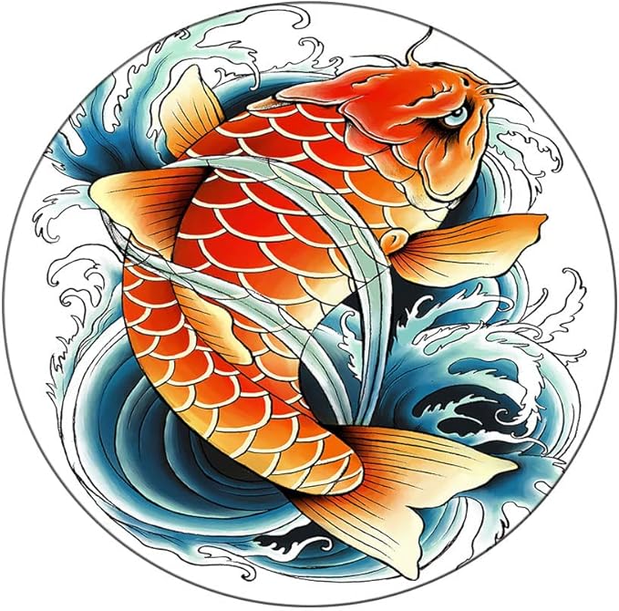 Round Vinyl Fitted Tablecloth, Koi Fish Print Polyester Table Cloth, Tattoo Style Japanese Wave, Fit Round Tables 35inch Diameter, for Holiday Dining Table/Dinner/Party, Multicolor
