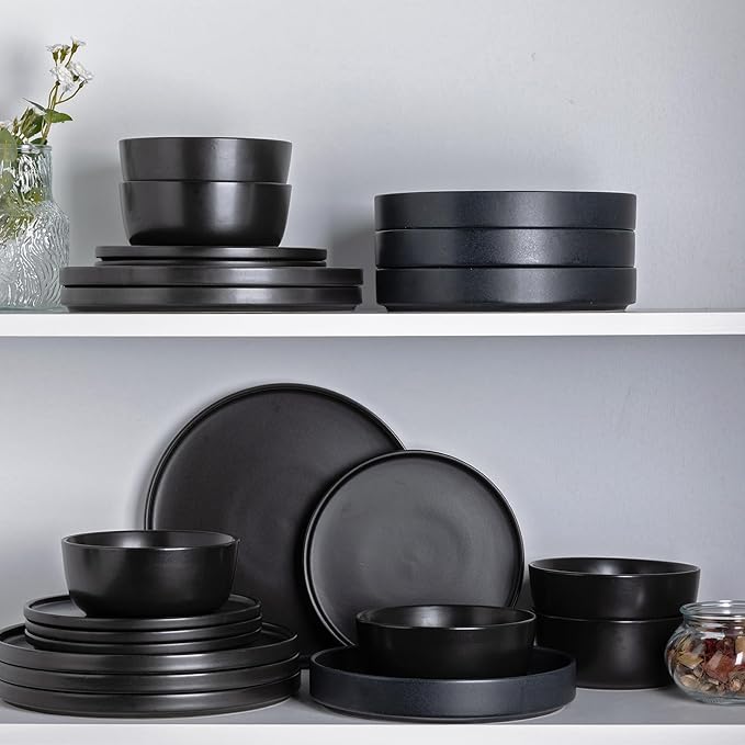 AmorArc Stoneware Dinnerware Sets with Pasta Bowl Set, Reactive Ceramic Plates and Bowls Set, Highly Chip and Crack Resistant | Dishwasher & Microwave Safe | Round Dishes Set Service for 4 (16pc)