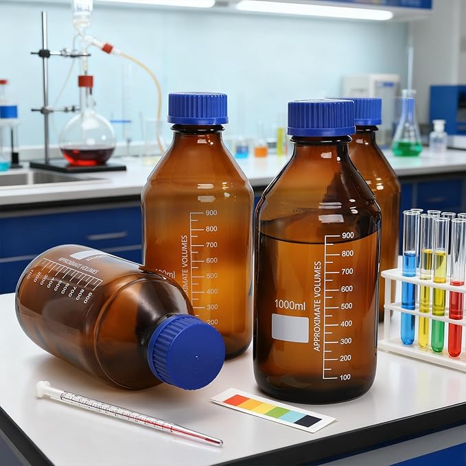 Yopay 4 Pack Media Storage Bottles, 1000 ml Amber Borosilicate Glass Graduated Bottles, Brown Leak Proof Round Scientific Container for Labs Water Reagent Liquids Classrooms or Home Use