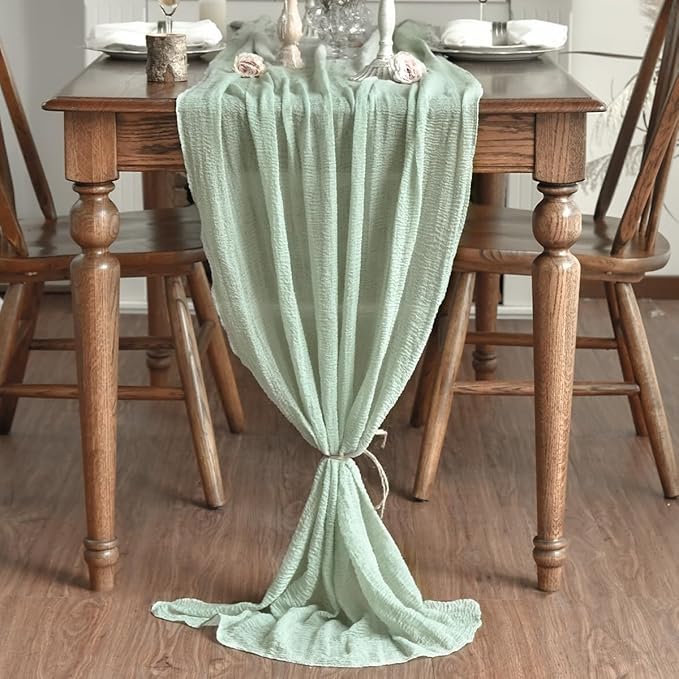 Artoid Mode Boho Sage Green Gauze 6 Pieces Wedding Table Runner, 120 Inch Seasonal Fabric Kitchen Dining Holiday Table Decor for Home Party Indoor