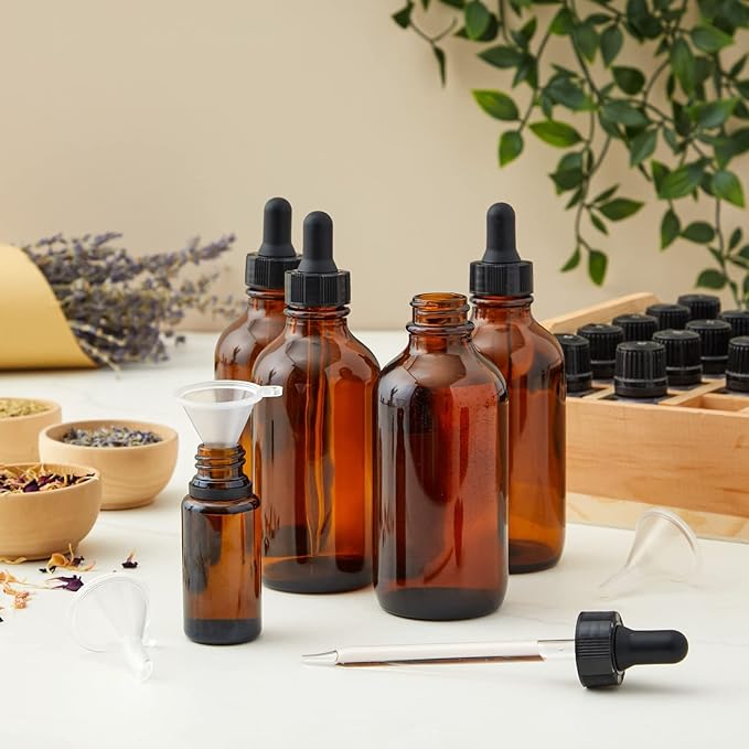 Juvale Amber Glass UV-Protected Amber Dark Glass Bottles with Droppers for Essential Oils & Travel Liquids - 4 Oz, 15-Pack, Apothecary Style - Leak-Proof Dropper Bottle Set with 6 Funnels