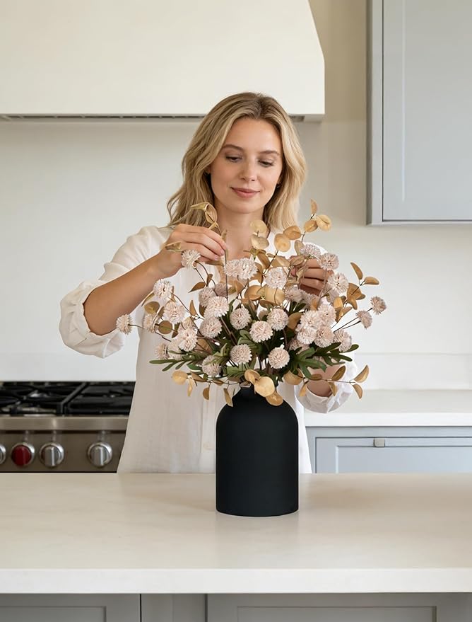 BLOSMON Dining Table Centerpiece Decor: Metal Vase with 12 Stems of Fake Mums Kiku Flower Eucalyptuses for Home - Beige Artificial Pom Poms Faux Floral Arrangements in Vase for Living Room