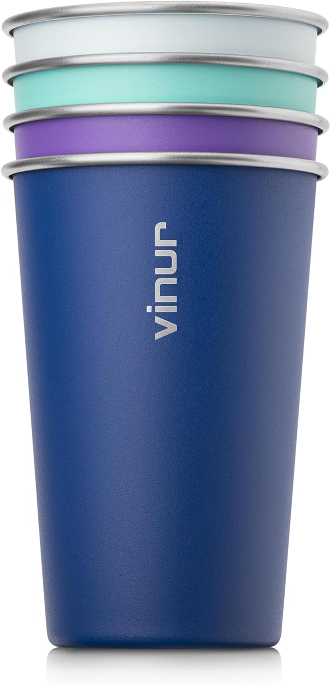 VINUR 4 Pack Stainless Steel Cups 16 oz Pint Tumbler Stackable Metal Drinking Glasses for Travel, Camping, Outdoors (Baby Blue-Navy-Teal-Purple)