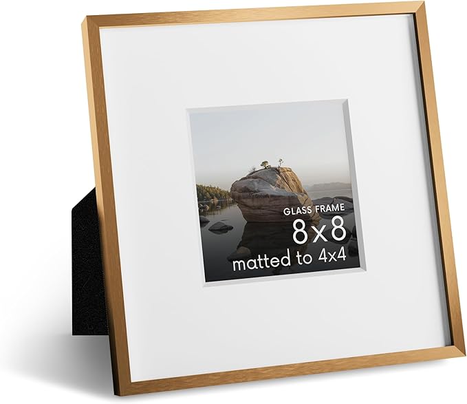 HAUS AND HUES 8x8 Picture Frame with Real Glass & Brass Premium-Grade Metal Matted to 4x4 - Aluminum 8x8 Picture Frame - Includes Easel Back, Hanging Kit - Ideal for Home, Office (8x8 in, Brass)