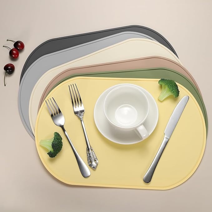 uxcell 4 Pcs Oval Silicone Placemat, 15.4" x 10.4" Non-Slip Washable Table Placemats Heat Resistant Waterproof Mat with High Edge for Table Kitchen Desk Protection, Light Gray