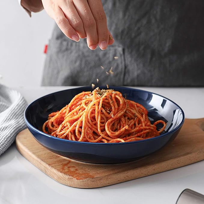 Y YHY Pasta Bowls, 30oz Soup Bowls Salad Bowls Large Serving Bowl Porcelain Pasta Plates Wide and Shallow Bowls Set of 6 Microwave Dishwasher Safe, Blue
