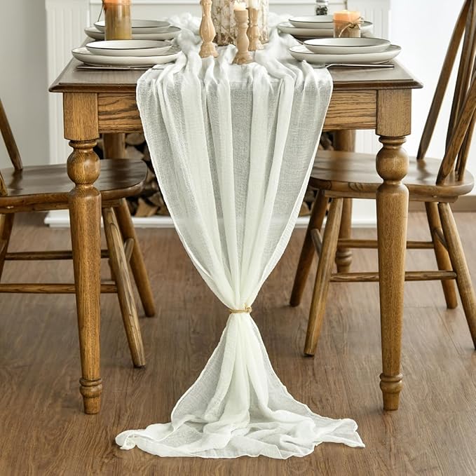 Artoid Mode Boho Milk White Gauze 6 Pieces Wedding Table Runner, 120 Inch Birthday Fabric Kitchen Dining Holiday Table Decor for Home Party Indoor