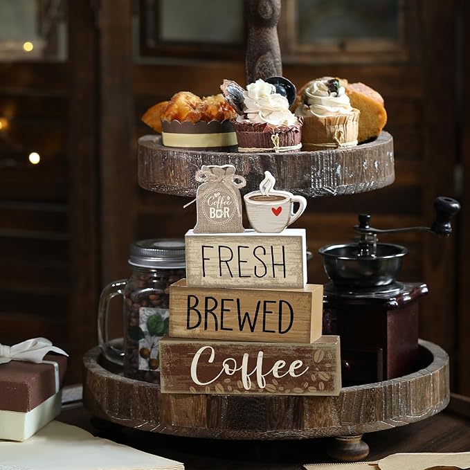 5 Pcs Wooden Coffee Bar Decor Cocoa Tiered Tray Decor Rustic Wood Bar Sign Gift Farmhouse Table Top Centerpiece Stacks Block Sign for Home Shelf Mantel Kitchen