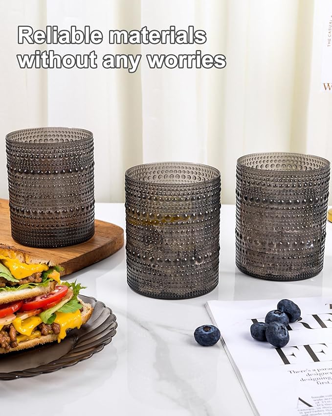 YOUBET 24PCS Plastic Drinking Glasses - 14OZ Black Hobnail Drinkware Glasses - Vintage Glassware Textured Beaded Cups for Water, Beer, Whiskey, Juice and Various Mixed Drinks for Party