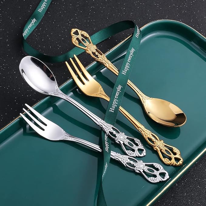Gold Silverware Set for 6 Stainless Steel Flatware Set Palace Style Hollow Relief Decoration 24 Piece Cutlery Utensils Include Knives Forks and Spoons Tableware Set for Home Kitchen Restaurant Party
