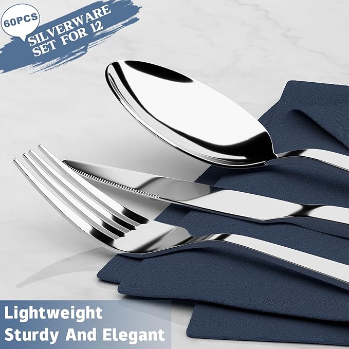 60 Piece Silverware Set For 12, Stainless Steel Flatware/Tableware Set Include Spoons/Forks/Knives, Yoehka Mirror Polished Cutlery Set For Home Kitchen Restaurant Hotel, Durable,Dishwasher Safe