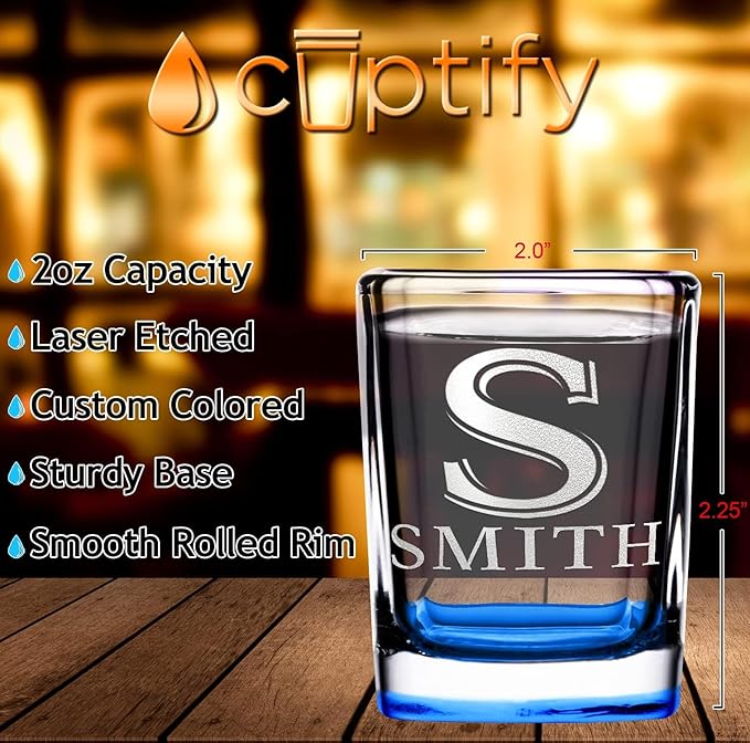 Personalized Square Shot Glasses Set of 25 Blue Bottom 2oz Engraved Initial and Name Custom Gifts, Weddings, Birthdays, Party, Event, Decorations
