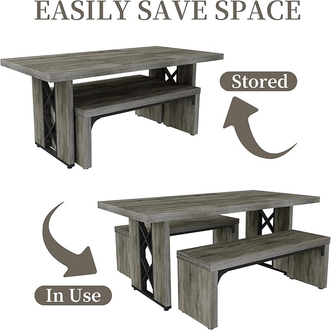 3-Piece Dining Table Set for 6 People, 70.8'' Rectangle Kitchen Table with 2 Benches for Breakfast Nook, Dining Room Furniture(Grey Table+2 Benches)