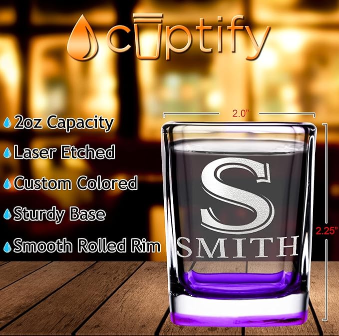 Personalized Square Shot Glasses Set of 8 Purple Bottom 2oz Engraved Initial and Name Custom Gifts, Weddings, Birthdays, Party, Event, Decorations