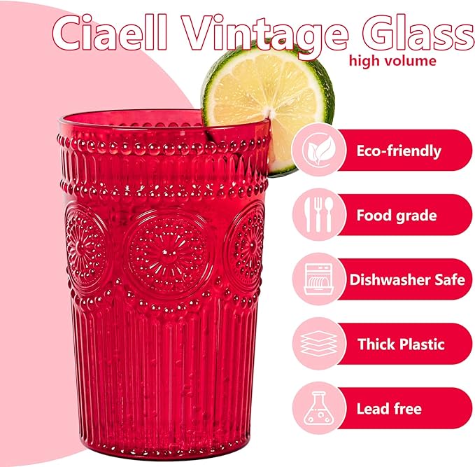 Ciaell 12 Pack Romantic Plastic Water Glasses - 14 Oz Red Vintage Drinking Glasses, Embossed Ribbed Plastic Cups, Textured Striped Set for Juice, Beverages, Beer, Cocktail & Valentine's Day