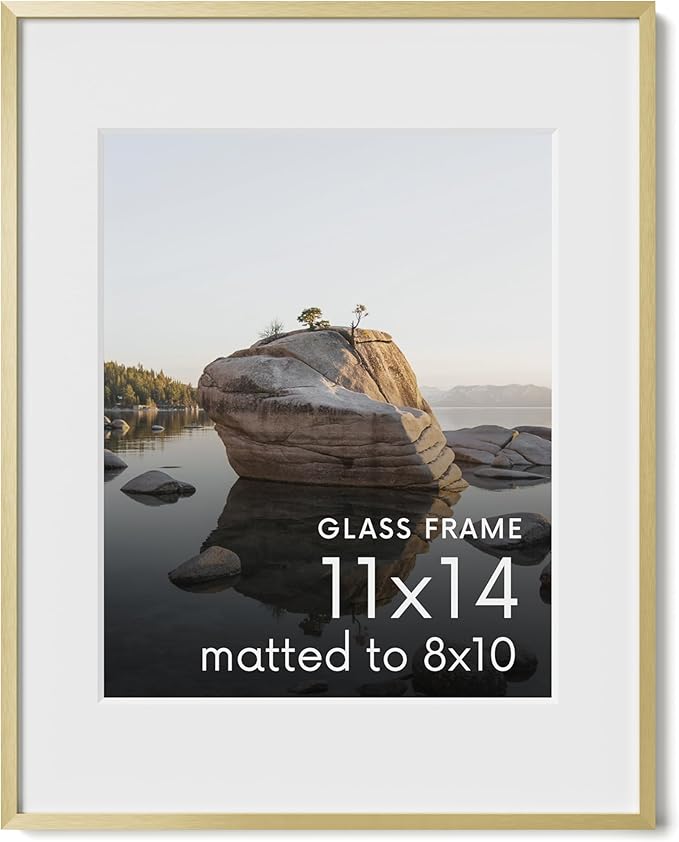 HAUS AND HUES 11x14 Picture Frame with Real Glass & Gold Premium-Grade Metal Matted to 8x10 - Aluminum 11x14 Picture Frame - Includes Hanging Kit - Ideal for Home, Office (11x14 in, Gold)